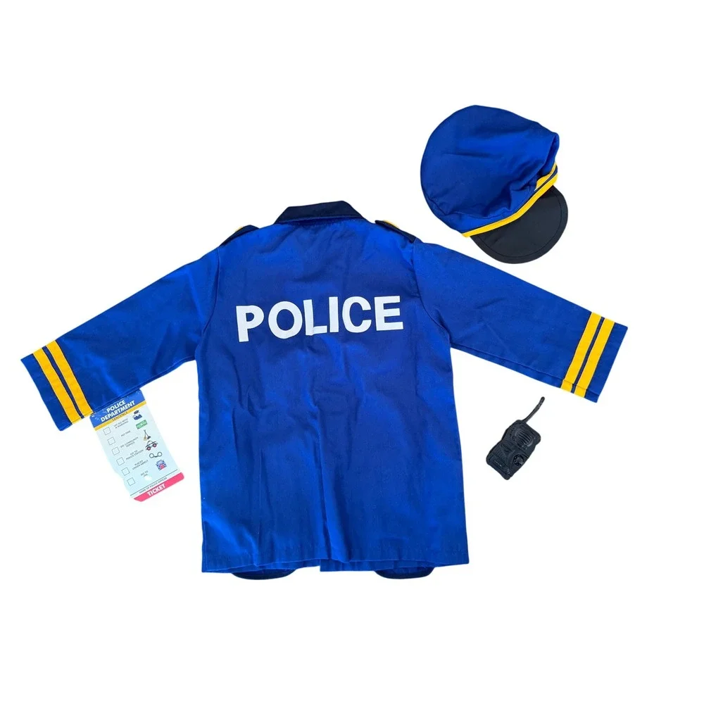 Kids Police Officer Costume Set Blue Uniform Jacket Hat Walkie Talkie Ticket